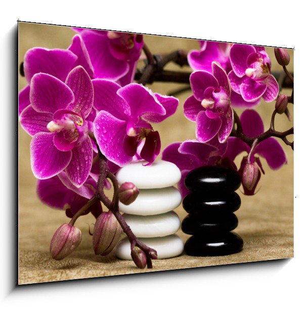 Obraz na plátně pyramida kamenů s fialovými orchidejemi