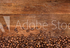 Fototapeta pltno 174 x 120, 104485723 - coffee background with beans on rustic old oak wood