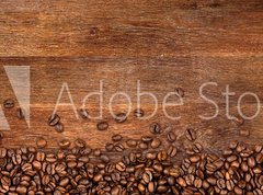 Fototapeta pltno 330 x 244, 104485723 - coffee background with beans on rustic old oak wood