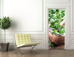 Samolepka na dveře fólie 90 x 220, 105926593 - Fresh mint, wooden mortar and pestle. - Čerstvá máta, dřevěná malta a palička.
