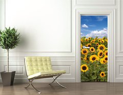 Samolepka na dvee flie 90 x 220  Sunflower Farmland With Blue Cloudy Sky, 90 x 220 cm