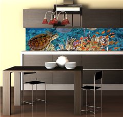 Fototapeta do kuchyn flie 260 x 60, 107412265 - Colorful coral reef with many fishes and sea turtle