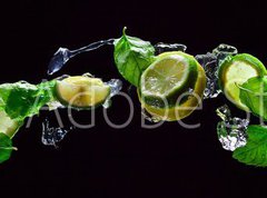 Fototapeta pltno 330 x 244, 107824838 - lime and lemon pieces with peppermint - kousky vpna a citronu s mty peprn