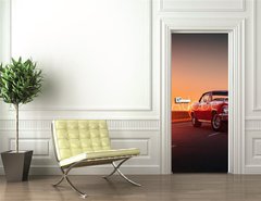 Samolepka na dvee flie 90 x 220, 109817494 - Retro red car standing on asphalt road at sunset
