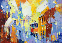 Fototapeta pltno 174 x 120, 115059065 - an original oil painting on canvas cubism style, parto of cubism landscapes collection, jut and ordinary day in the city, urban, city life,. - originln olejomalba na pltn, kubismus, st sbrky krajin kubismu, jut a obyejn den ve mst, mstsk, mstsk ivot.