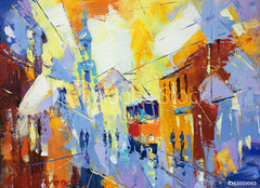 Fototapeta pltno 240 x 174, 115059065 - an original oil painting on canvas cubism style, parto of cubism landscapes collection, jut and ordinary day in the city, urban, city life,. - originln olejomalba na pltn, kubismus, st sbrky krajin kubismu, jut a obyejn den ve mst, mstsk, mstsk ivot.
