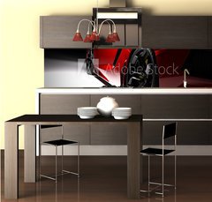Fototapeta do kuchyn flie 260 x 60  Red fast sports car in spotlight, black background. Shiny, new, luxurious., 260 x 60 cm