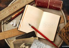 Fototapeta174 x 120  Vintage writing objects with blank pages, 174 x 120 cm