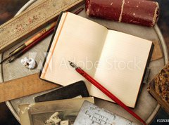 Fototapeta270 x 200  Vintage writing objects with blank pages, 270 x 200 cm