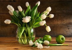 Fototapeta vliesov 145 x 100, 11553588 - White tulips in glass vase on rustic wood