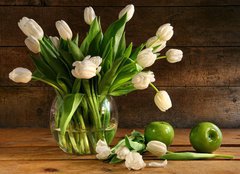 Fototapeta pltno 160 x 116, 11553588 - White tulips in glass vase on rustic wood