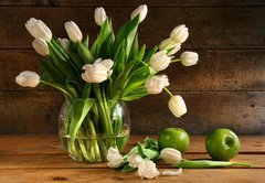 Fototapeta174 x 120  White tulips in glass vase on rustic wood, 174 x 120 cm