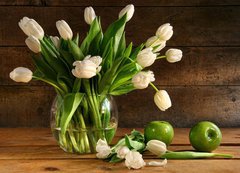 Fototapeta200 x 144  White tulips in glass vase on rustic wood, 200 x 144 cm