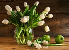 Fototapeta360 x 266  White tulips in glass vase on rustic wood, 360 x 266 cm