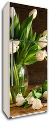 Samolepka na lednici fólie 80 x 200, 11553588 - White tulips in glass vase on rustic wood - Bílé tulipány ve skleněné váze na rustikálním dřevu