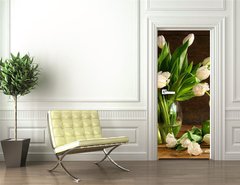 Samolepka na dvee flie 90 x 220  White tulips in glass vase on rustic wood, 90 x 220 cm