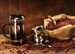 Fototapeta100 x 73  Sack of coffee beans with french press, 100 x 73 cm