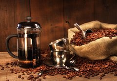 Fototapeta174 x 120  Sack of coffee beans with french press, 174 x 120 cm