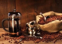 Fototapeta vliesov 200 x 144, 11872432 - Sack of coffee beans with french press