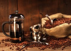 Fototapeta240 x 174  Sack of coffee beans with french press, 240 x 174 cm