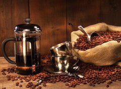 Fototapeta vliesov 270 x 200, 11872432 - Sack of coffee beans with french press - Sek kvovch zrn s francouzskm lisem