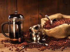 Fototapeta360 x 266  Sack of coffee beans with french press, 360 x 266 cm