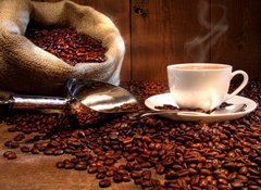 Fototapeta vliesov 100 x 73, 11872515 - Coffee cup with burlap sack of roasted beans - Kvov lek s pytlovm pytlem z praench fazol