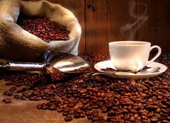 Fototapeta papr 160 x 116, 11872515 - Coffee cup with burlap sack of roasted beans - Kvov lek s pytlovm pytlem z praench fazol