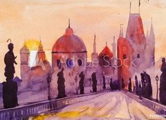 Fototapeta papr 160 x 116, 120336963 - Prague Charles Bridge at sunset, watercolor painting, the last rays of the setting sun, statues and lilac, red and purple tones