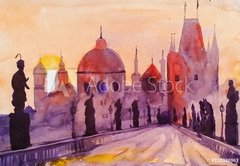 Fototapeta plátno 174 x 120, 120336963 - Prague Charles Bridge at sunset, watercolor painting, the last rays of the setting sun, statues and lilac, red and purple tones - Pražský Karlův most při západu slunce, akvarel, poslední paprsky zapadajícího slunce, sochy a šeřík, červené a fialové tóny