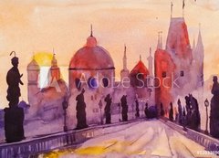 Samolepka flie 200 x 144, 120336963 - Prague Charles Bridge at sunset, watercolor painting, the last rays of the setting sun, statues and lilac, red and purple tones - Prask Karlv most pi zpadu slunce, akvarel, posledn paprsky zapadajcho slunce, sochy a ek, erven a fialov tny