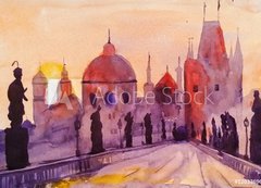 Fototapeta vliesov 200 x 144, 120336963 - Prague Charles Bridge at sunset, watercolor painting, the last rays of the setting sun, statues and lilac, red and purple tones - Prask Karlv most pi zpadu slunce, akvarel, posledn paprsky zapadajcho slunce, sochy a ek, erven a fialov tny