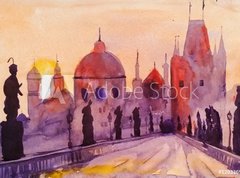 Samolepka flie 270 x 200, 120336963 - Prague Charles Bridge at sunset, watercolor painting, the last rays of the setting sun, statues and lilac, red and purple tones - Prask Karlv most pi zpadu slunce, akvarel, posledn paprsky zapadajcho slunce, sochy a ek, erven a fialov tny