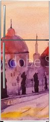 Samolepka na lednici fólie 80 x 200, 120336963 - Prague Charles Bridge at sunset, watercolor painting, the last rays of the setting sun, statues and lilac, red and purple tones - Pražský Karlův most při západu slunce, akvarel, poslední paprsky zapadajícího slunce, sochy a šeřík, červené a fialové tóny