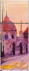 Samolepka na lednici flie 80 x 200, 120336963 - Prague Charles Bridge at sunset, watercolor painting, the last rays of the setting sun, statues and lilac, red and purple tones