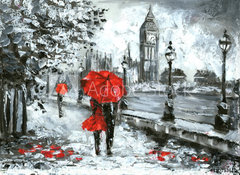 Samolepka fólie 100 x 73, 120793610 - oil painting, street view of london. Artwork, Black, white and red, big ben - olejomalba, pohled na Londýn. Kresba, černá, bílá a červená, big ben