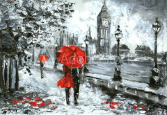 Samolepka flie 145 x 100  oil painting, street view of london. Artwork, Black, white and red, big ben, 145 x 100 cm