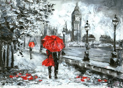 Samolepka fólie 200 x 144, 120793610 - oil painting, street view of london. Artwork, Black, white and red, big ben - olejomalba, pohled na Londýn. Kresba, černá, bílá a červená, big ben