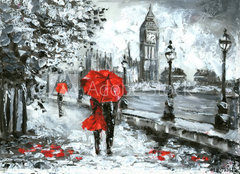 Fototapeta240 x 174  oil painting, street view of london. Artwork, Black, white and red, big ben, 240 x 174 cm