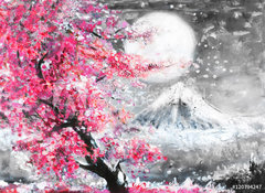 Samolepka flie 100 x 73, 120794247 - oil painting landscape with sakura and mountain, hand drawn illustration, Japan - olejomalba krajina se sakurou a horami, run kreslen ilustrace, Japonsko