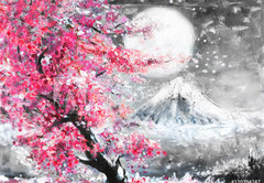 Samolepka flie 145 x 100, 120794247 - oil painting landscape with sakura and mountain, hand drawn illustration, Japan - olejomalba krajina se sakurou a horami, run kreslen ilustrace, Japonsko