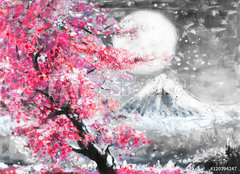 Fototapeta pltno 160 x 116, 120794247 - oil painting landscape with sakura and mountain, hand drawn illustration, Japan - olejomalba krajina se sakurou a horami, run kreslen ilustrace, Japonsko