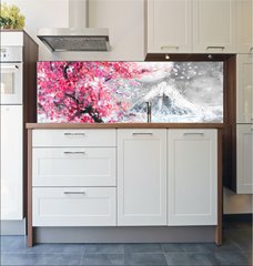 Fototapeta do kuchyn flie 180 x 60  oil painting landscape with sakura and mountain, hand drawn illustration, Japan, 180 x 60 cm