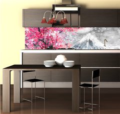 Fototapeta do kuchyně fólie 260 x 60, 120794247 - oil painting landscape with sakura and mountain, hand drawn illustration, Japan - olejomalba krajina se sakurou a horami, ručně kreslené ilustrace, Japonsko