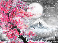Samolepka flie 270 x 200  oil painting landscape with sakura and mountain, hand drawn illustration, Japan, 270 x 200 cm