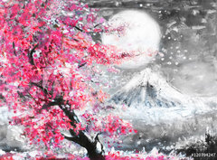 Fototapeta papr 360 x 266, 120794247 - oil painting landscape with sakura and mountain, hand drawn illustration, Japan - olejomalba krajina se sakurou a horami, run kreslen ilustrace, Japonsko