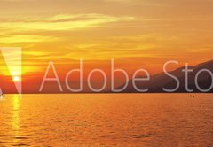 Samolepka flie 145 x 100  Panoramic view of Sailing at sunset with mountains, 145 x 100 cm