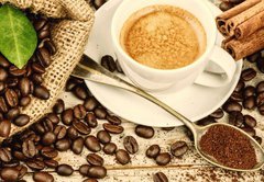 Samolepka flie 145 x 100, 122026658 - Cup of hot black coffee with old wooden mill grinder 