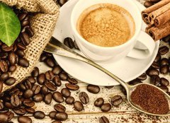 Fototapeta plátno 160 x 116, 122026658 - Cup of hot black coffee with old wooden mill grinder - Šálek horké černé kávy se starou dřevěnou mlýnskou mlýnu