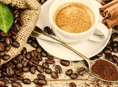 Fototapeta pltno 330 x 244, 122026658 - Cup of hot black coffee with old wooden mill grinder 